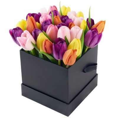 Тюльпаны в квадратной коробке «Весенний микс»
