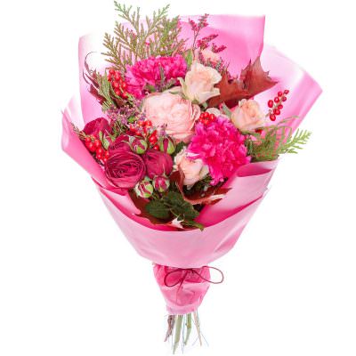 Букет из роз и хризантем «Розовый вихрь»