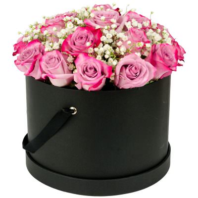 Шляпная коробка с розами и гипсофилами «Восхитительное утро»