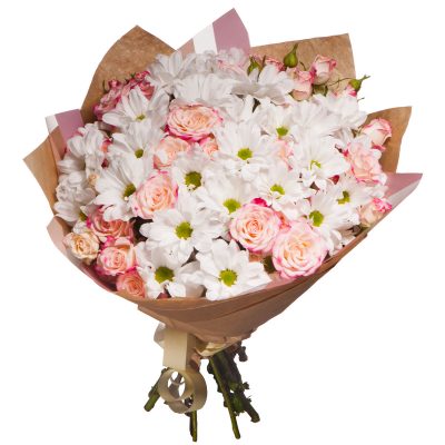 Букет с розами и хризантемами «Розовый флирт»